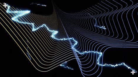 Animation-Von-Schnittstellenverarbeitungsdaten,-Mit-Leuchtendem-Elektrischem-Strom-über-Parallelen-Kurven,-Auf-Schwarz