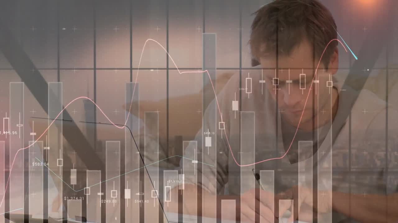 계좌를 지불하는 백인 남성들에 대한 금융 데이터 처리 애니메이션