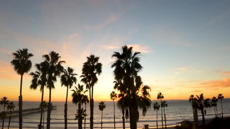 Silueta-De-Palmeras-En-La-Playa-De-San-Clemente-Durante-La-Pintoresca-Puesta-De-Sol-En-California,-Estados-Unidos