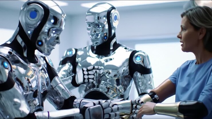 A Futuristic Interaction: Human and Robot Collaboration in a High-Tech Medical Environment Showcasing Advanced Robotics and Healthcare Innovations