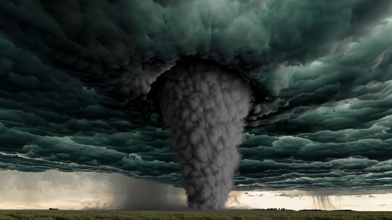 Dramatic video still of a tornado from a low-angle view, capturing swirling clouds and intense