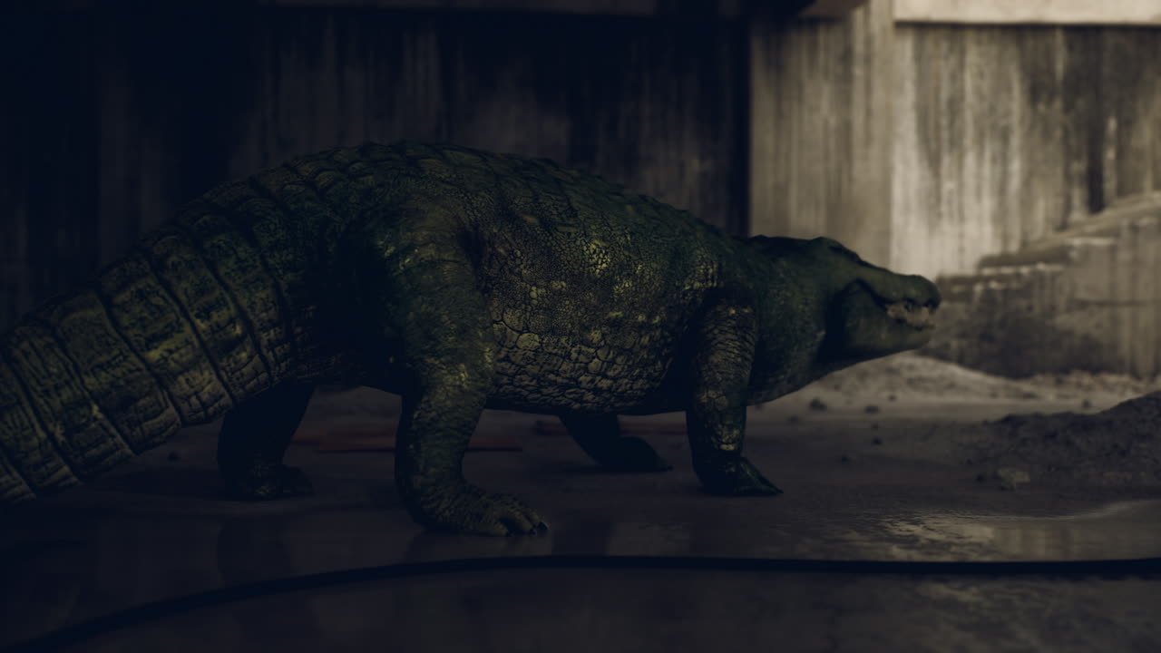 Crocodile resting near the water in a tropical habitat at sunset