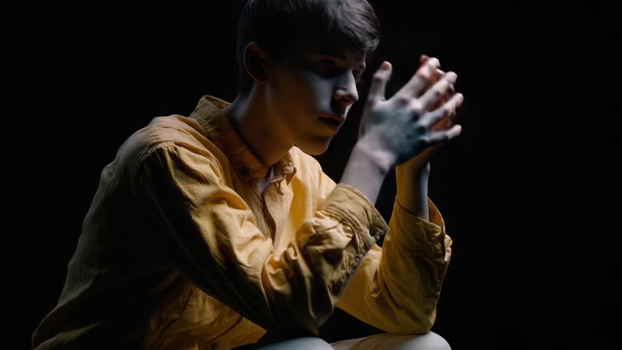 Un giovane contemplativo in una camicia gialla esprime emozioni di solitudine e introspezione attraverso pose suggestive e illuminazione dinamica in un ambiente scuro.