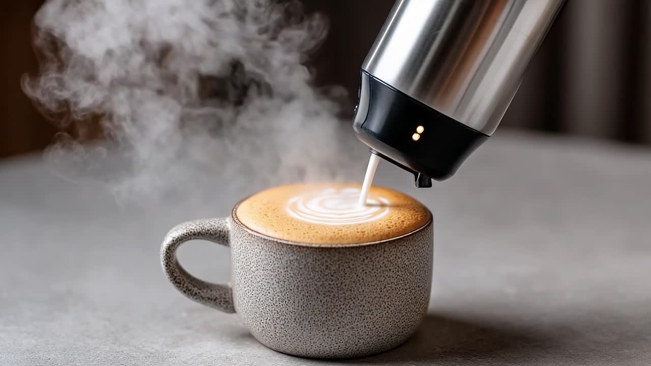 An Elegant Foam Art Creation: The Perfect Coffee Experience with Steaming Milk Being Poured into a Freshly Brewed Espresso in a Modern Cafe Setting