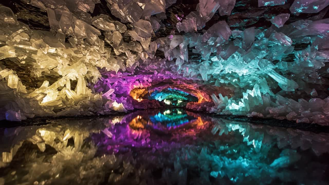 A Stunning Display of Nature's Artistry: Capturing the Spectacular Iridescent Crystals and Reflective Pools within a Breathtaking Cave Environment