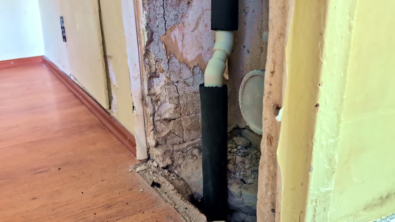 Damaged Floor and Exposed Plumbing Inside Old House Under Renovation