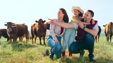 farm, cattle and family in sustainable field