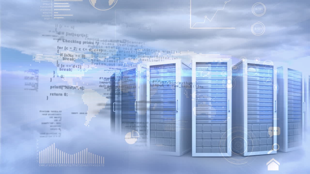 Animation of stains, data processing and servers over clouds