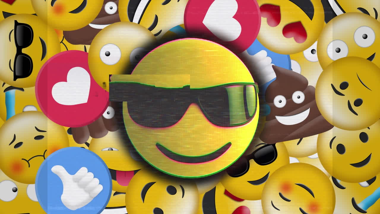 animación del icono emoji con gafas de sol y iconos emoji sobre fondo negro