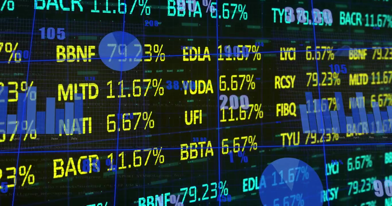 Animation of financial data processing over dark background
