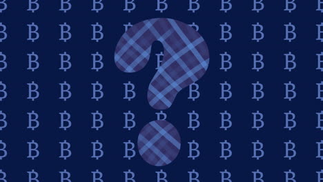 question mark with plaid pattern over repeating bitcoin symbols on dark background