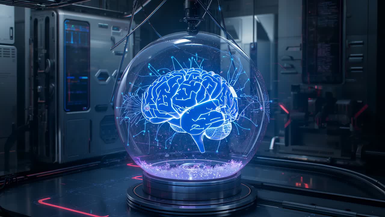 Activating holographic brain inside sphere in research lab, pulsing with swirling pink particles