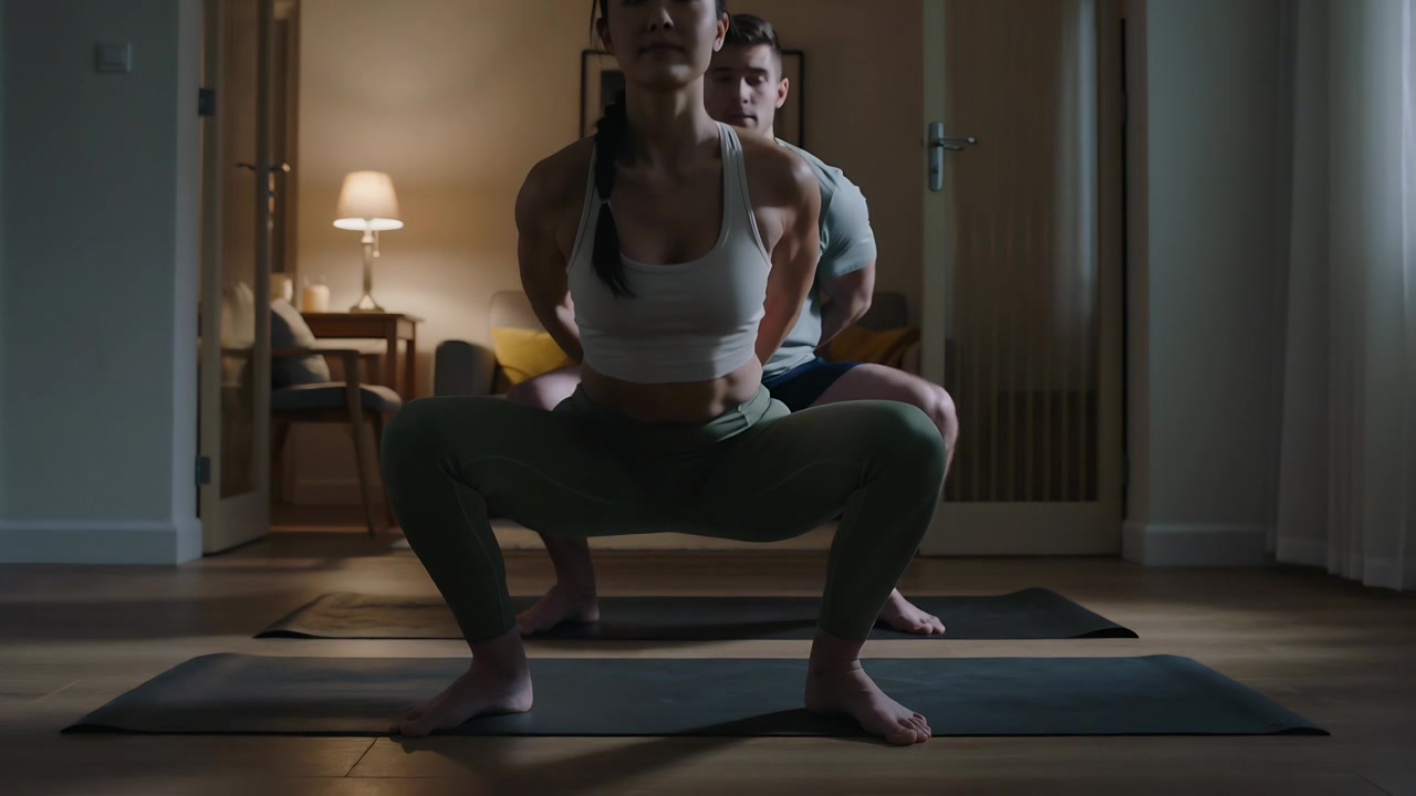 Una donna in top bianco che si posiziona sui tappetini a casa, abbassandosi in uno squat plié mentre un uomo la sostiene per l'equilibrio.
