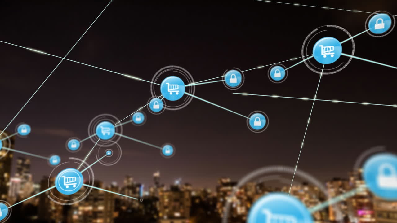 animación de una red de iconos digitales frente a una vista aérea del paisaje urbano por la noche