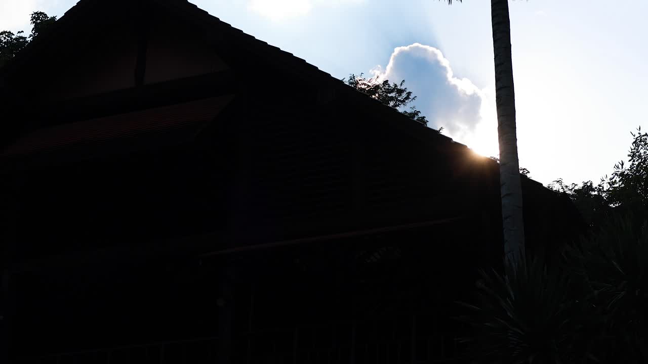 평온한 열대 휴양지는 빛이 나무와 수영장 을 비추면서 깨어나서 조용한 아침 분위기를 만니다.