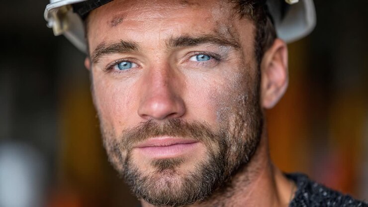 A Close-Up Portrait of a Construction Worker with Steel Blue Eyes and a Hard Hat, Capturing the Determination and Grit of Labor in a Dynamic Environment