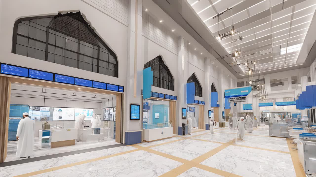 Modern Interior of a Spacious Public Hall with Elegantly Designed Architectural Features and Advanced Display Areas for Informational Signage