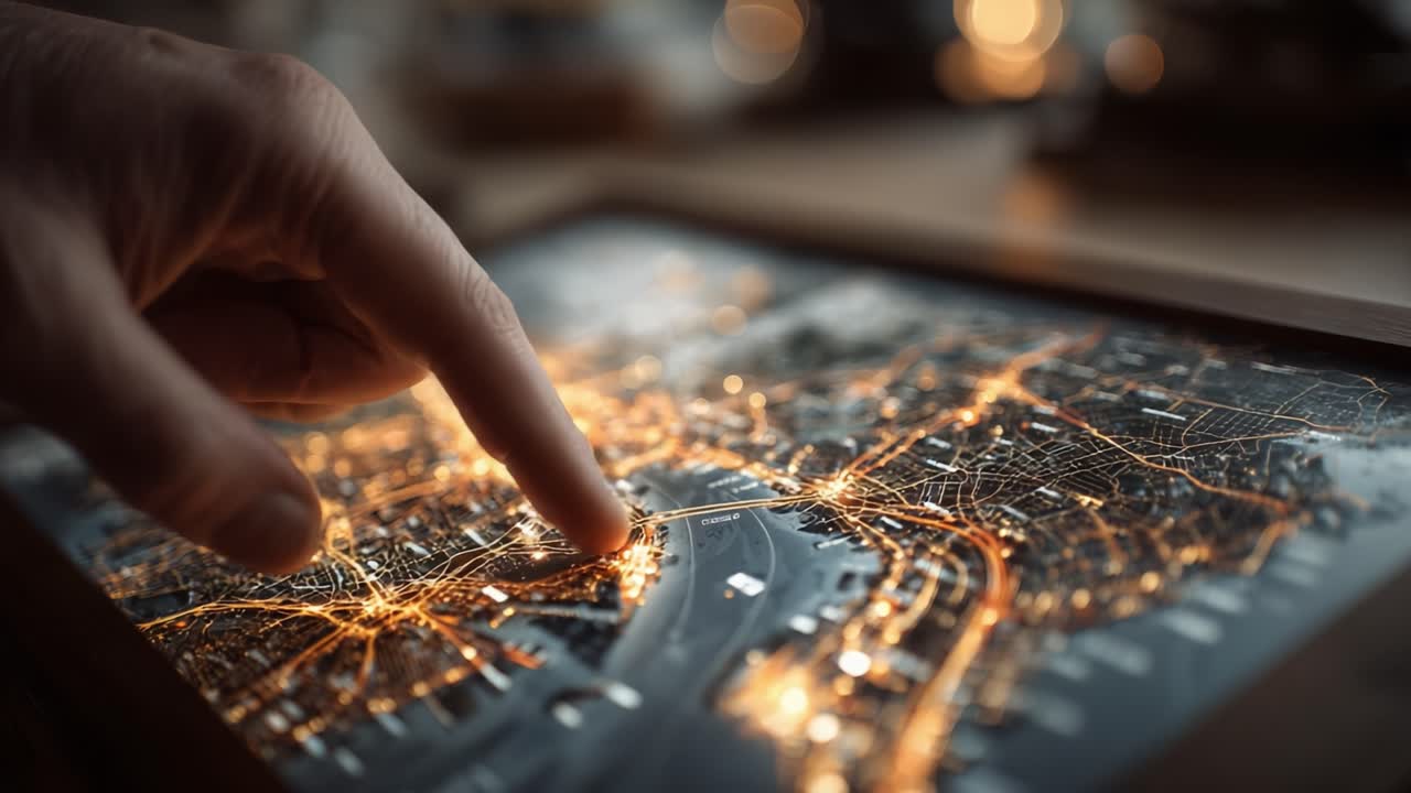 Exploring a Detailed Map with Illuminated Streetlights and City Layouts, Showcasing a Hand Pointing to Key Locations in a Night Scene