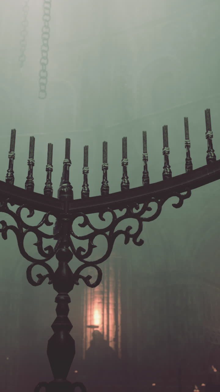 un gran candelabro adornado cuelga del techo de una iglesia débilmente iluminada