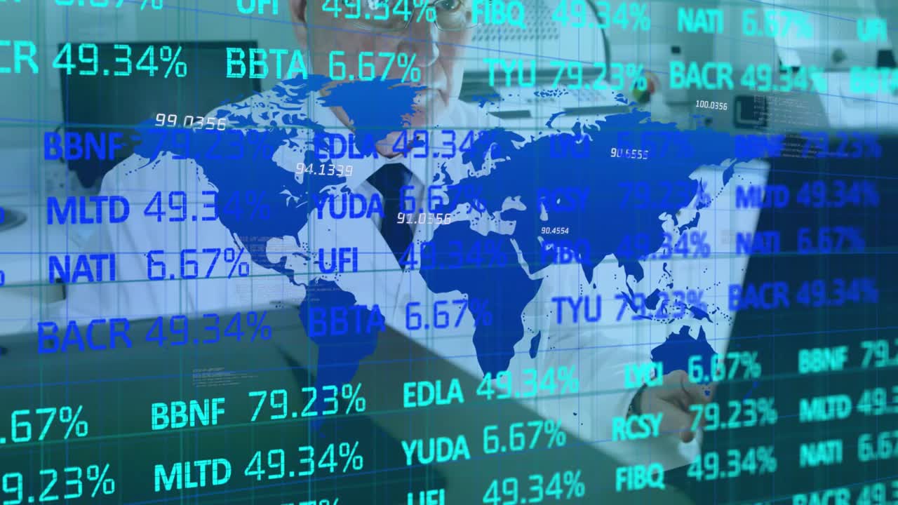Senior man typing at office desk, analyzing scrolling finance metrics with animated world map