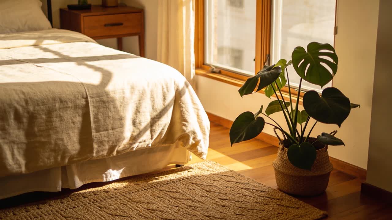 Streaming sunlight sliding across queen bed in bedroom corner with Monstera plant, copy space