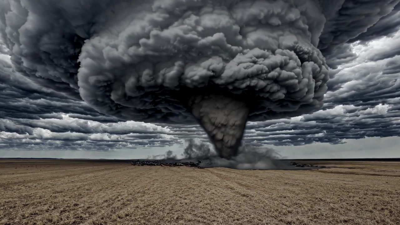 Enorme tornado che vortica su un campo arido sotto nuvole temporalesche scure