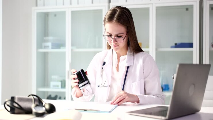 Female Doctor Engaged in Paperwork and Stamping in a Medical Office