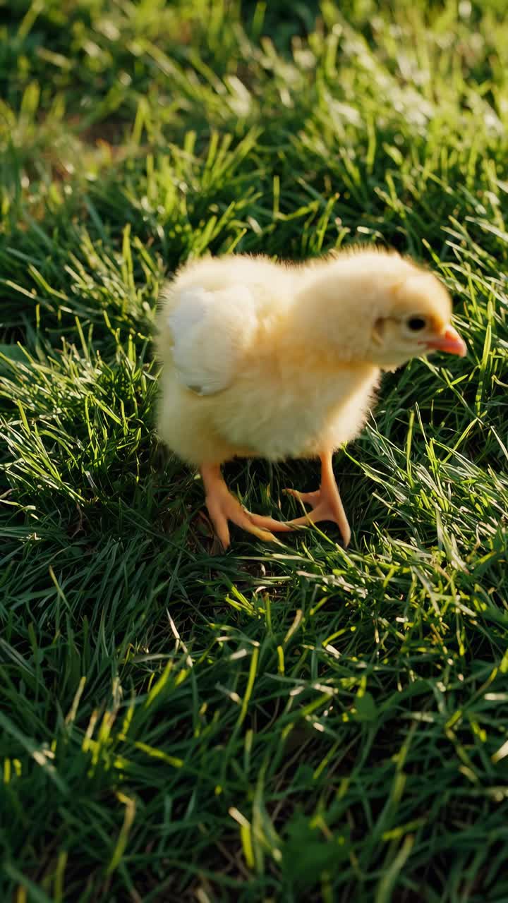 Un primer plano en vídeo a contrapicado de un pollito amarillo y esponjoso de pie sobre hierba verde vibrante