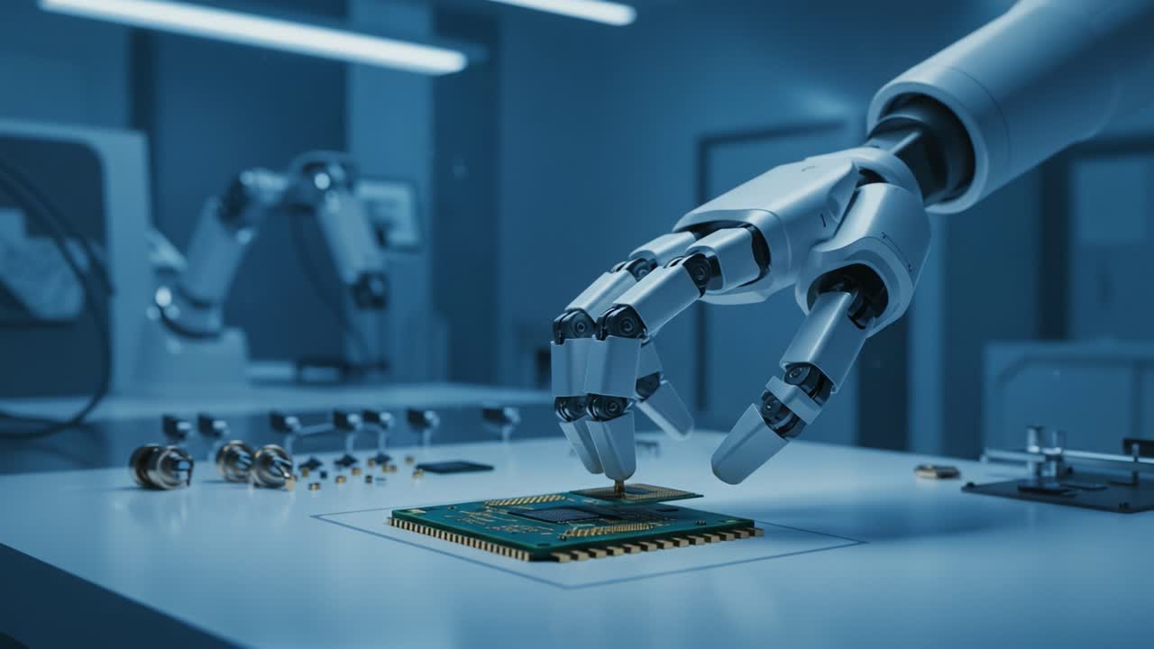 A Robotic Hand Skillfully Manipulates a Microchip in a High-Tech Laboratory Setting, Showcasing Advanced Automation and Precision Engineering