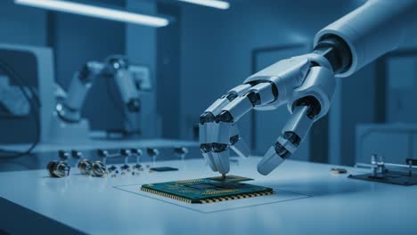 a robotic hand skillfully manipulates a microchip in a high-tech laboratory setting, showcasing advanced automation and precision engineering