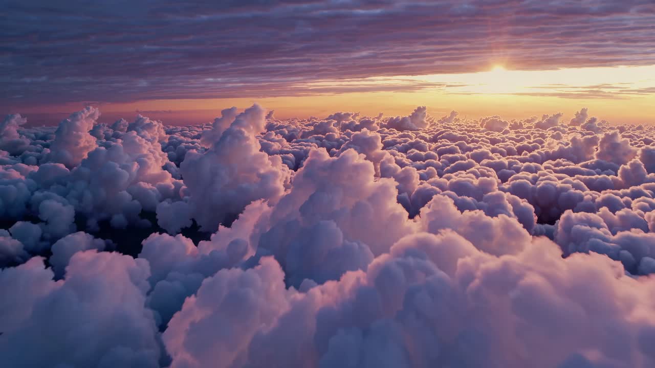 Un video aereo cattura un mare di nuvole soffici al tramonto, con tonalità calde e un'illuminazione suggestiva