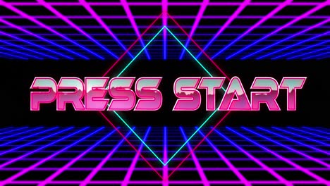 animation of press start text over rhombuses and grid pattern against black background