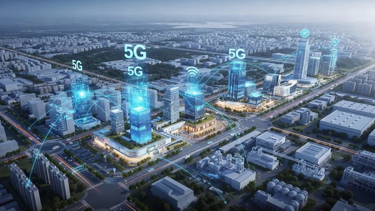 Aerial View of a Futuristic Urban Landscape Showcasing Cutting-Edge 5G Technology Integrated into High-Rise Buildings and Modern Infrastructure