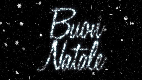 animation of buon natale text over snow falling in winter scenery