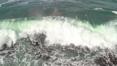 drone flying low and backwards showing a wave coming in with bamboo as the view rises panning down showing breaking waves over boulders with white wash continuing on to stop over dry boulders