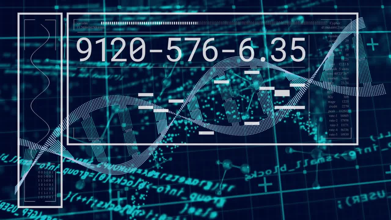 HUD appearing, dotted helix oscillating and bars shifting as readout updating, showing genomic data