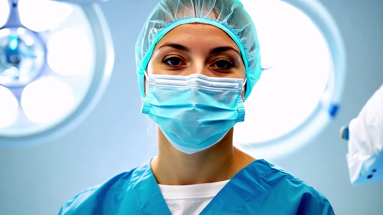 una doctora en trajes quirúrgicos y una máscara facial mirando a la cámara en una sala de operaciones