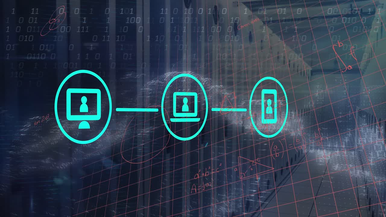 컴퓨터 서버 에 대한 디지털 아이콘 네트워크와 수학적 방정식의 애니메이션.