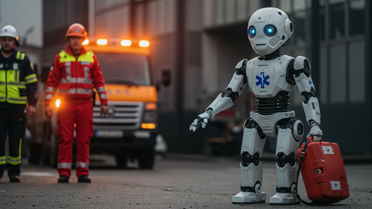 A robotic assistant stands ready with a medical kit, showcasing advanced technology in emergency response, as human responders observe in a modern urban setting