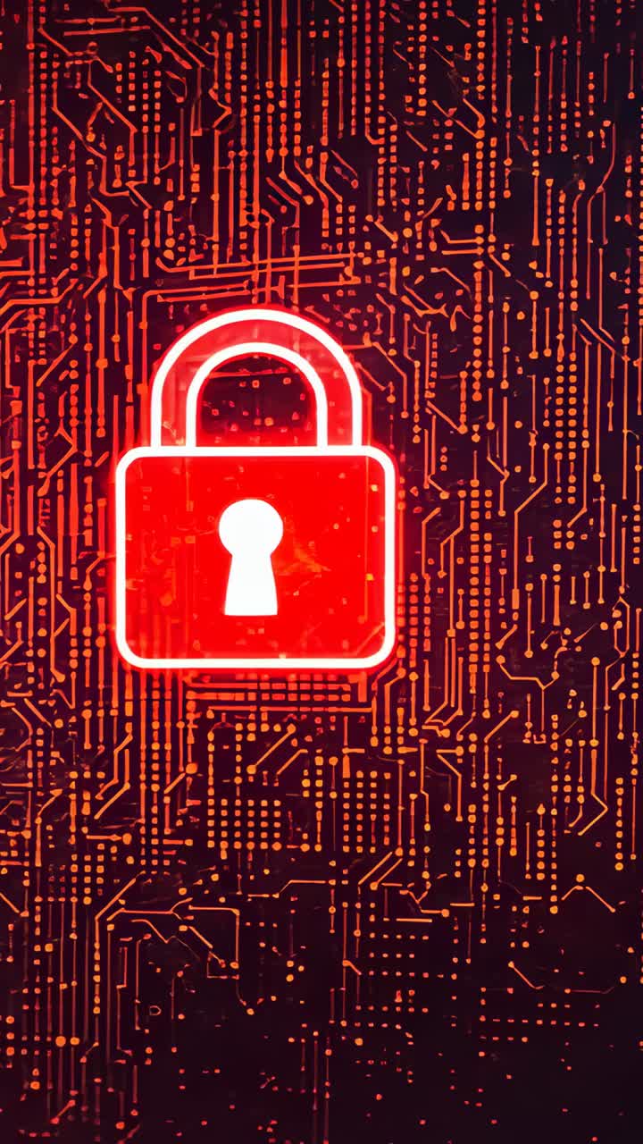 Vertical video: Fading in red neon padlock glowing and zooming closer over circuit board