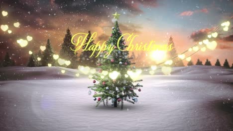 Animation-of-happy-christmas-text-with-fairy-lights-over-christmas-tree-and-winter-landscape