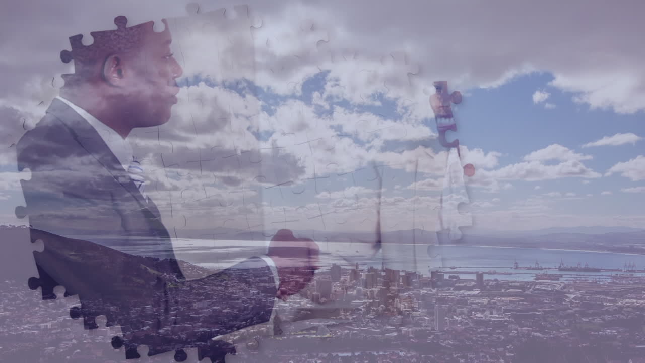 퍼즐의 애니메이션과 다양한 사업가들이 바다 풍경에서 손을 흔들고 있습니다.