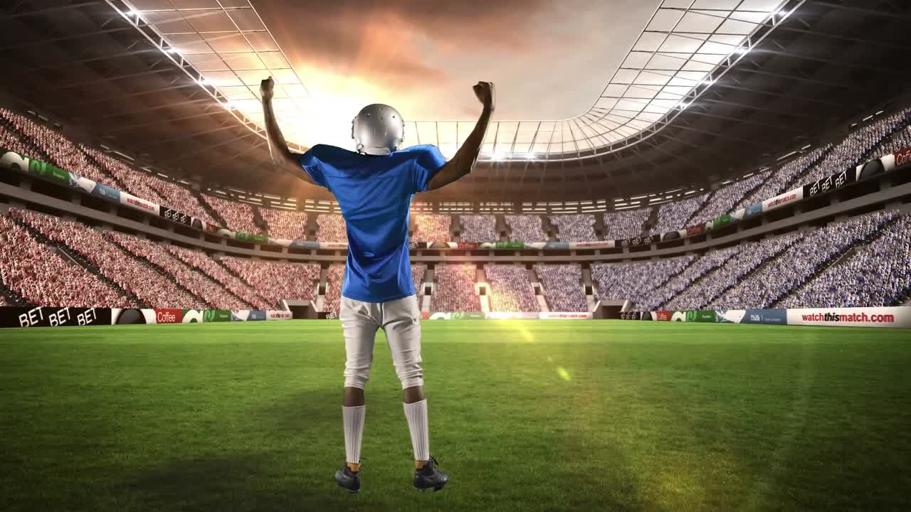 animación de un jugador de fútbol americano sobre un estadio deportivo