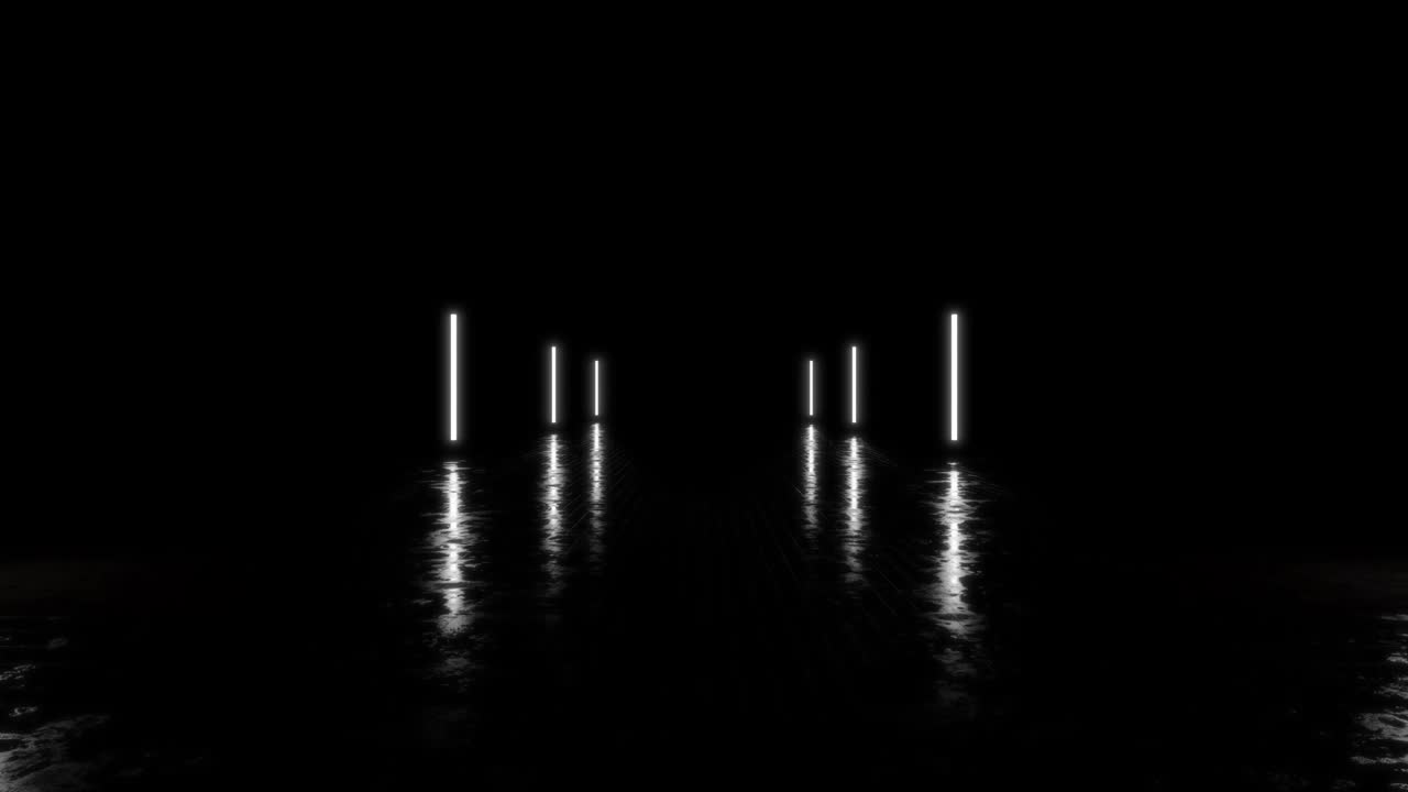 animación futurista de ciencia ficción con tubos blancos de neón. moviéndose hacia adelante habitación vacía sin fin con suelo de hormigón. 4k