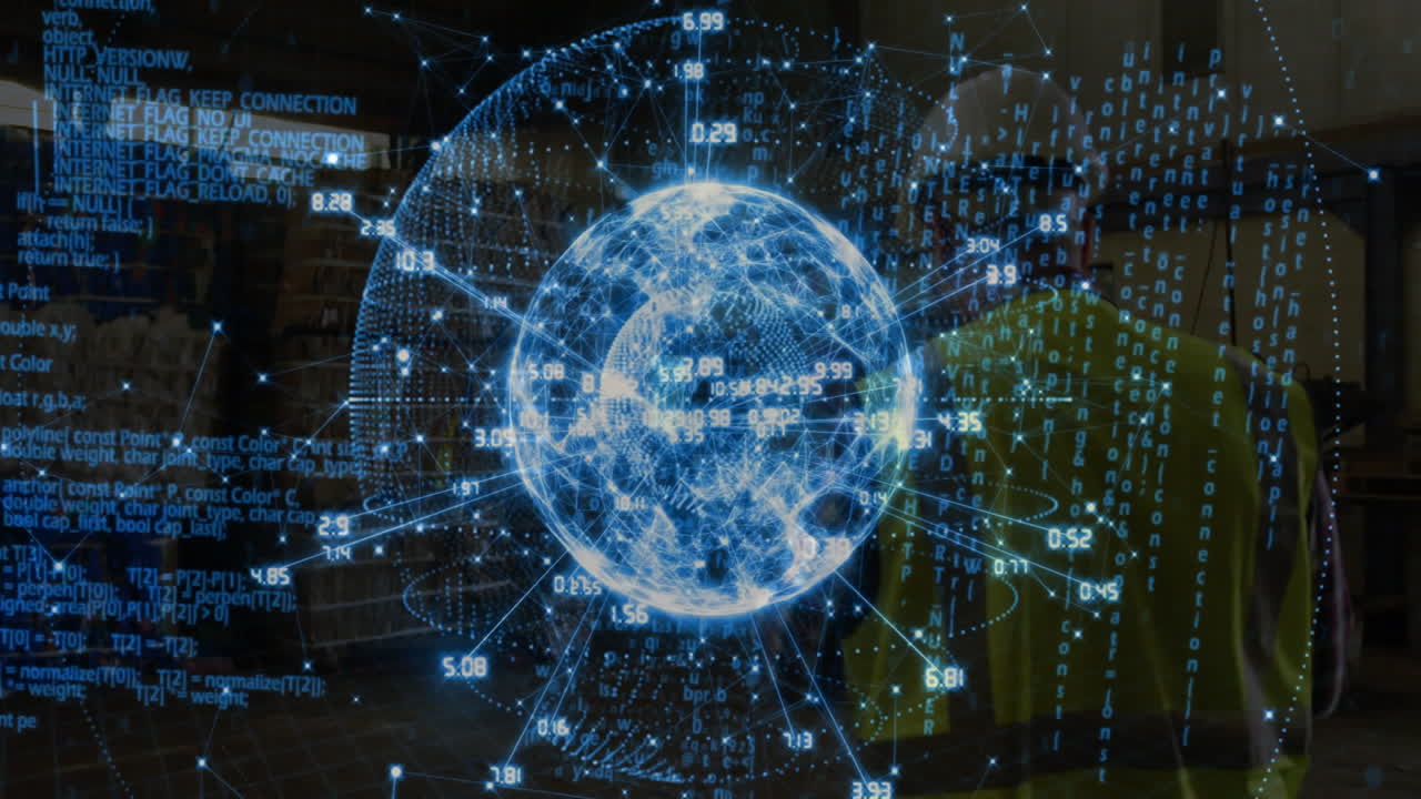 Engineer wearing hard hat observing industrial warehouse, with glowing holographic network sphere