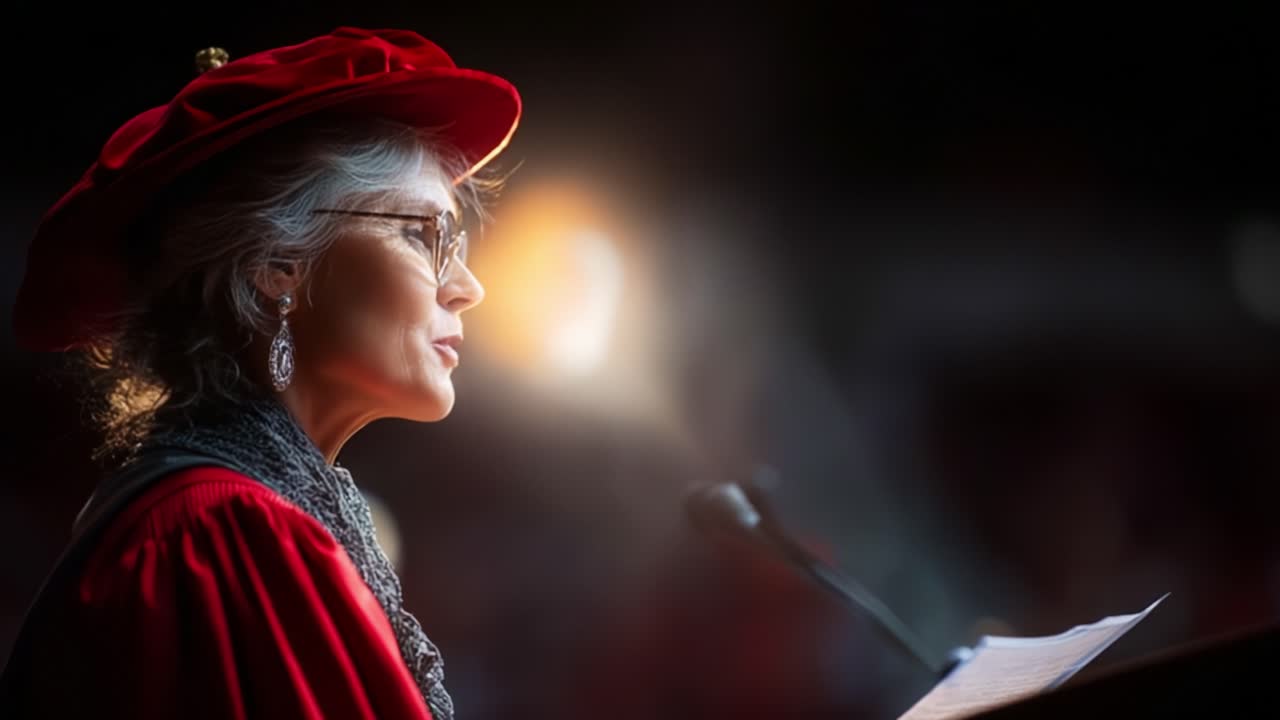 A Distinguished Speaker with Silver Hair and Glasses Wearing a Red Academic Robe, Illuminated by a Spotlight While Delivering an Inspiring Speech at a Formal Event