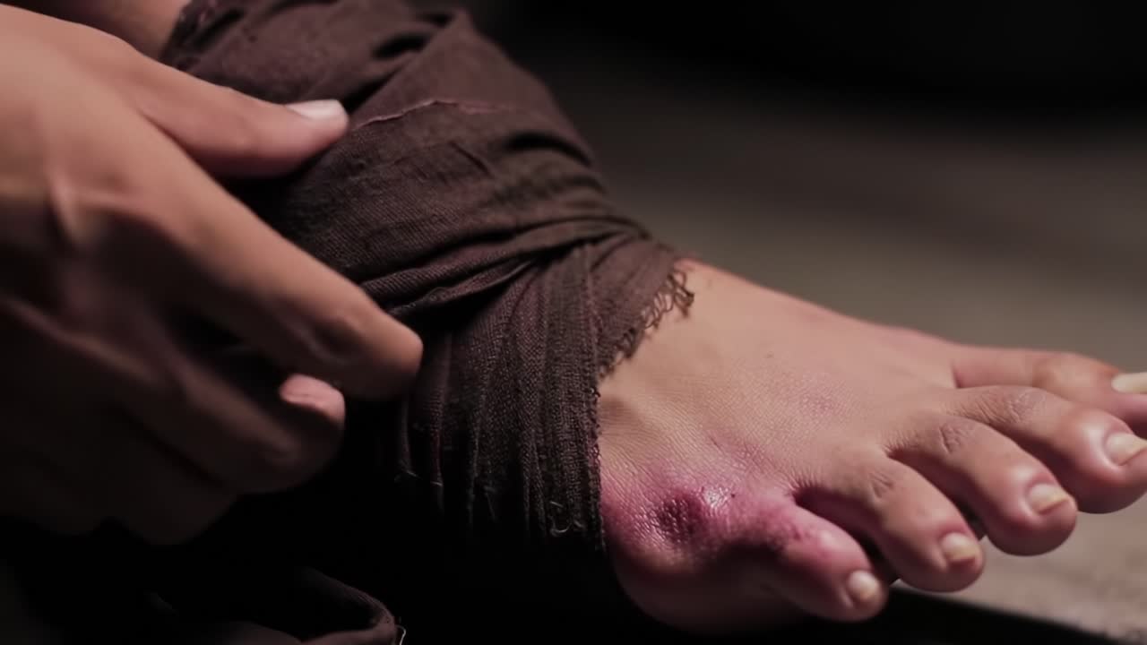 A Close-Up of a Bandaged Foot Highlighting Injuries and Wrapping Technique, Capturing the Emotional Strain and Physical Condition of the Subject in Intense Detail