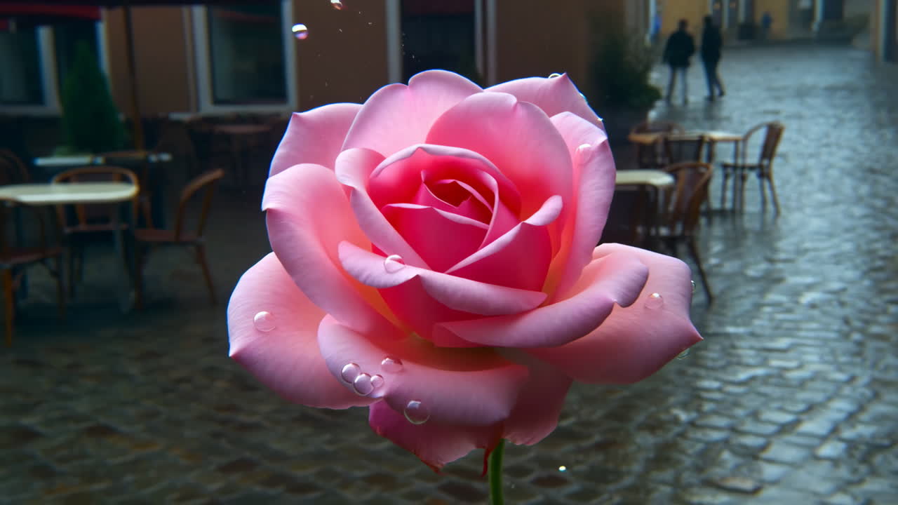 Pink Rose with Water Droplets on a Cobblestone Street with Cafe Background