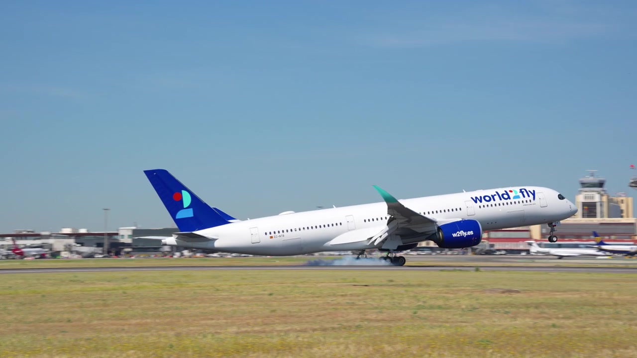 Aereo passeggeri di grandi dimensioni in atterraggio sulla pista dell'aeroporto