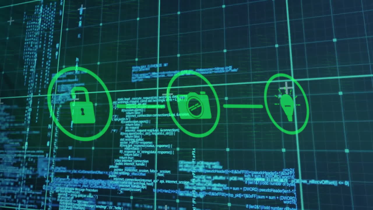 animación de iconos digitales, procesamiento de datos sobre cuadrícula y fondo oscuro